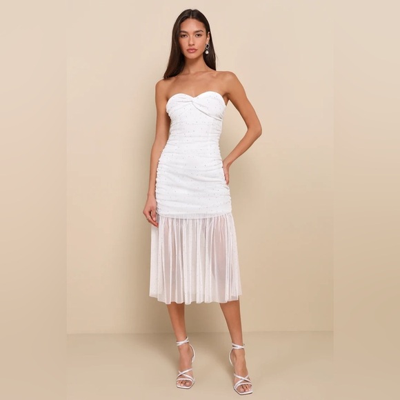 Lulus Dresses & Skirts - Lulus Medium‎ Sparkling Babe White Mesh Rhinestone Ruched Strapless Midi Dress